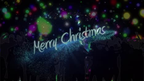 Animation-Des-Textbanners-„Frohe-Weihnachten“-Und-Silhouetten-Von-Menschen,-Die-Gegen-Lichtpunkte-Tanzen
