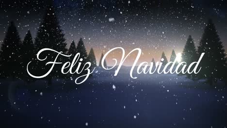 Animation-Von-Feliz-Navidad-Weihnachtsgrüßen-über-Schnee,-Der-In-Der-Winterlandschaft-Fällt