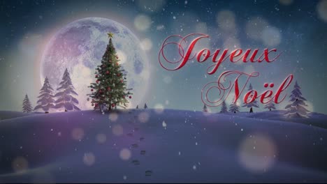 Animation-of-snow-falling-over-joyeux-noel-text-banner-against-christmas-tree-on-winter-landscape