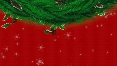 Animation-Von-Schneeflocken-über-Wintertannenbaum-Auf-Rotem-Hintergrund