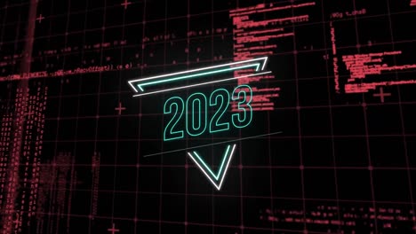 Animation-of-2023-neon-text-with-data-processing-on-black-background