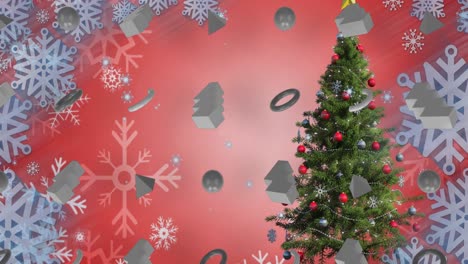 Animation-of-snow-falling-and-shapes-over-christmas-tree-on-red-background