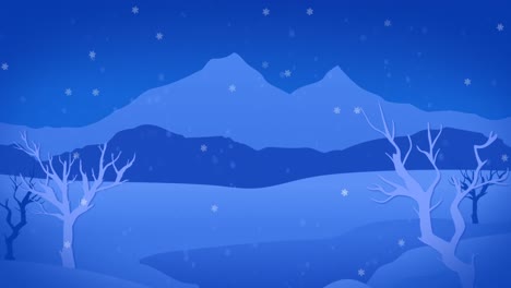 Animation-snow-falling-over-mountains-and-trees-on-winter-landscape-with-copy-space