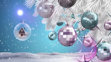 Animation-Eines-Weihnachtsbaums-Mit-Kugeln-Und-Schnee,-Der-In-Einer-Winterlandschaft-Fällt