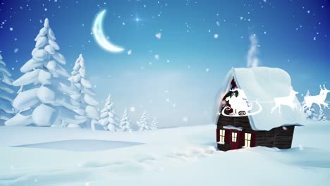 Animation-Des-Weihnachtsmanns-Im-Schlitten-Mit-Rentieren-über-Dem-Haus-In-Der-Winterlandschaft