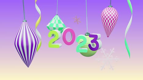Animation-of-2023-number-over-new-year-and-christmas-decorations-on-purple-background