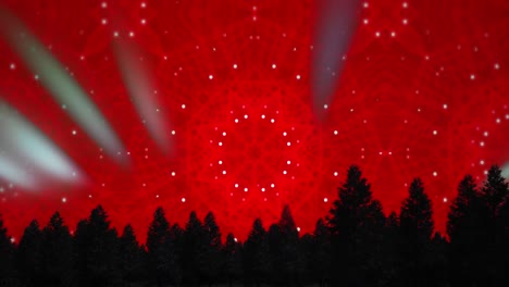 Animation-of-kaleidoscopic-shapes-over-red-background-with-trees-silhouettes