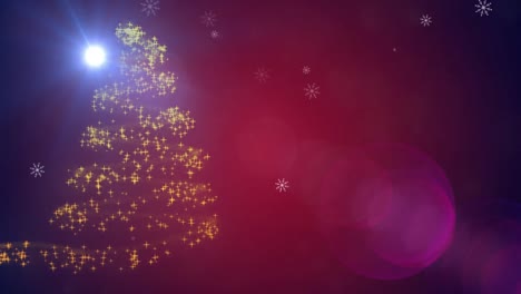 Animation-Von-Schneeflocken-über-Licht-Und-Weihnachtsbaum-Auf-Rotem-Hintergrund