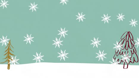 Animation-Von-Schneeflocken,-Die-über-Bäume-In-Einer-Winterlandschaft-Auf-Blauem-Hintergrund-Mit-Kopierraum-Fallen