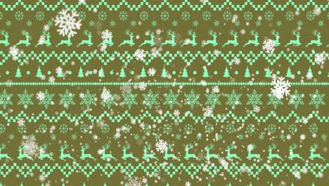 Animation-of-snowflakes-over-traditional-christmas-pattern-on-green-background-with-copy-space