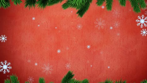 Animation-of-christmas-tree-leaves-and-looping-snowflakes-on-abstract-background