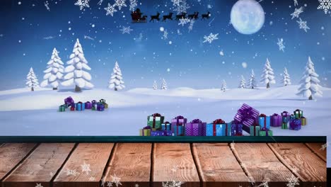 Animation-of-snowflakes-falling-over-wooden-surface-and-winter-landscape-against-night-sky
