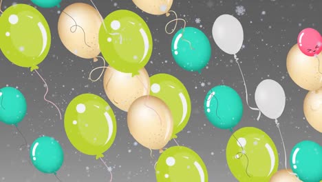 Animation-Von-Ballons,-Die-über-Schnee-Fliegen,-Der-Auf-Grauen-Hintergrund-Fällt
