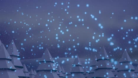 Animation-Von-Blauen-Flecken-Und-Schnee,-Der-über-Mehrere-Bäume-In-Einer-Winterlandschaft-Mit-Kopierraum-Fällt