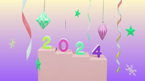 Animation-of-2024-number-over-new-year-and-christmas-decorations-on-purple-background