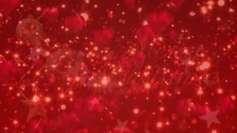 Animation-of-spots-of-light-floating-over-merry-christmas-text-banner-against-red-background