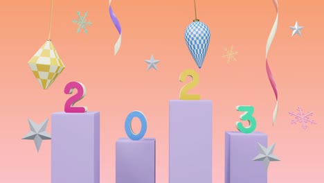 Animation-Der-Zahl-2023-über-Neujahrs--Und-Weihnachtsdekorationen-Auf-Rosa-Hintergrund
