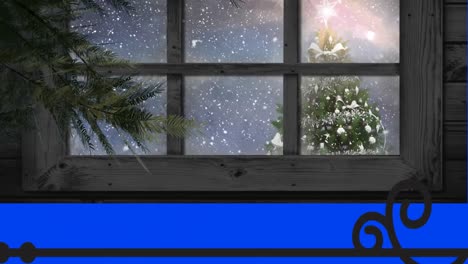 Animation-of-view-of-snow-falling-over-christmas-tree-on-winter-landscape-from-window-frame