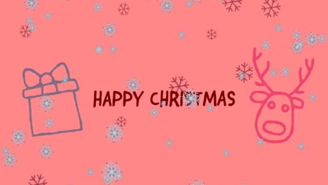 Animation-of-snowflakes-over-happy-christmas-text-with-icons-on-pink-background