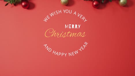 Animation-of-christmas-greetings-text-over-baubles-on-red-background