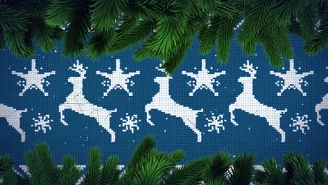 Animation-of-green-leaves-over-traditional-christmas-pattern-in-seamless-pattern-on-blue-background