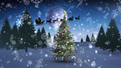 Animation-of-santa-claus-in-sleigh-with-reindeer-and-christmas-tree-over-winter-scenery