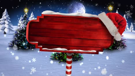 Animation-of-snowflakes-over-santa-hat-over-red-signboard-with-copy-space-against-winter-landscape