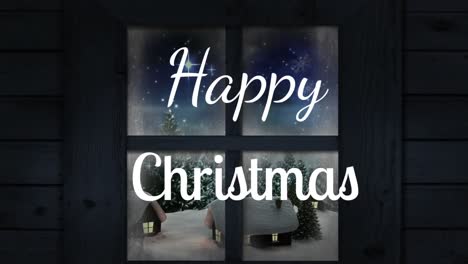 Animation-of-christmas-greetings-text,-snow-falling-over-window