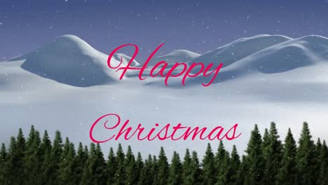 Animation-of-snow-falling-over-happy-christmas-text-banner-over-trees-on-winter-landscape