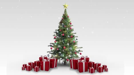 Animation-Von-Hohoho-über-Schnee,-Der-Auf-Weißen-Hintergrund-Mit-Weihnachtsbaum-Und-Geschenken-Fällt