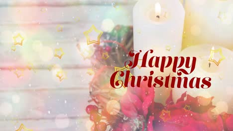 Animation-of-snow-and-golden-stars-falling-over-merry-christmas-text-banner-and-burning-candles
