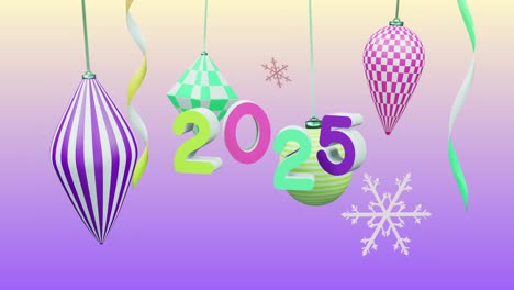 Animation-of-2025-number-over-new-year-and-christmas-decorations-on-purple-background