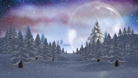 Animation-of-snow-falling-over-snow-globe-and-winter-forest-landscape