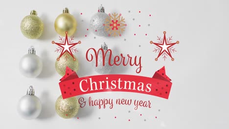 Animation-of-christmas-greetings-text-over-baubles-on-white-background