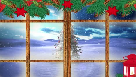 Animation-Von-Schnee,-Der-über-Den-Weihnachtsbaum-Fällt-Und-Durch-Das-Fenster-Gesehen-Wird