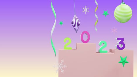 Animation-of-2023-number-over-new-year-and-christmas-decorations-on-purple-background