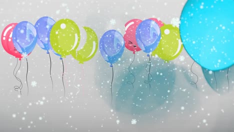 Animation-of-snow-falling-over-spots-of-light-and-balloons-floating-against-white-background