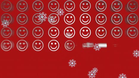 Animation-Von-Schneeflocken-Symbolen-über-Mehreren-Emoji-Symbolen-Mit-Lächelnden-Gesichtern-Vor-Rotem-Hintergrund