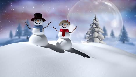 Animation-Von-Schnee,-Der-über-Schneemänner-Fällt,-Und-Schneekugel-Mit-Weihnachtsbaum-über-Der-Winterlandschaft