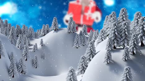 Animation-of-snow-falling-over-winter-landscape-and-christmas-decorations