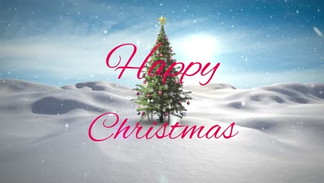 Animation-of-snow-falling-over-happy-christmas-text-banner-and-christmas-tree-on-winter-landscape
