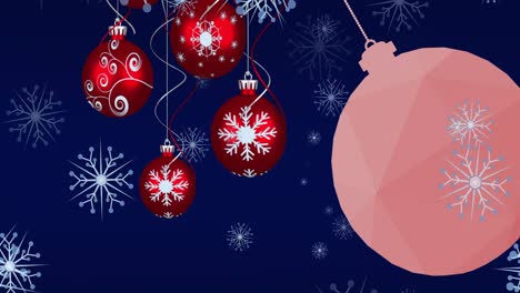 Animation-of-christmas-baubles-decorations-with-snow-falling