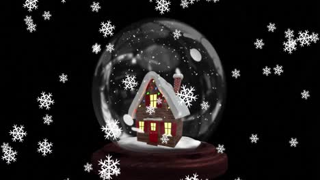 Animation-of-snow-flakes-falling-over-house-icon-in-a-snow-globe-against-black-background