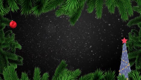 Animation-of-falling-snow-and-christmas-decorations-over-dark-background