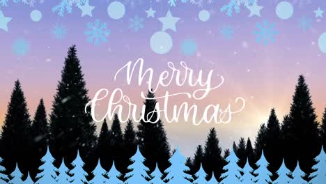 Animation-of-merry-christmas-text-banner-and-with-hanging-decorations-against-tall-trees-and-sky