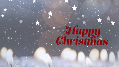 Animation-of-snow-and-stars-falling-over-happy-christmas-text-banner-and-burning-candles