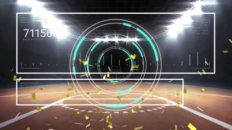 Animation-of-golden-confetti-falling-over-round-scanner-and-data-processing-against-basketball-court