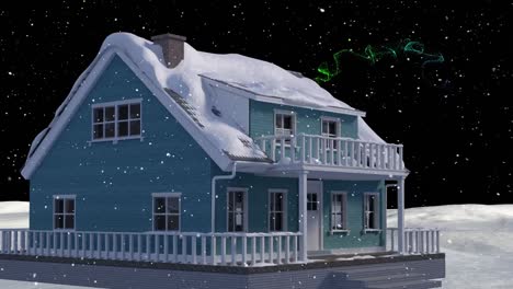 Animación-De-Nieve-Cayendo-Sobre-Una-Casa-Navideña-En-Un-Paisaje-Invernal.