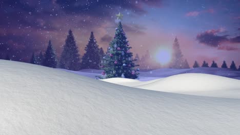 Animation-Von-Schnee,-Der-In-Einer-Winterlandschaft-über-Den-Weihnachtsbaum-Fällt