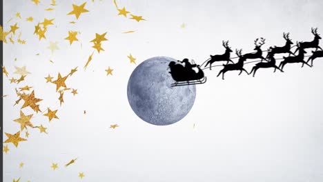 Animation-of-golden-stars-over-santa-claus-in-sleigh-being-pulled-by-reindeers-against-moon